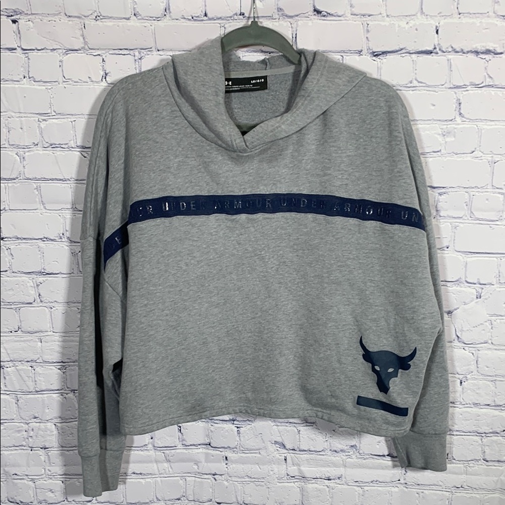Under Armour Project Rock Womens Taped Fleece Hoodie Cropped Gray Blue Size L